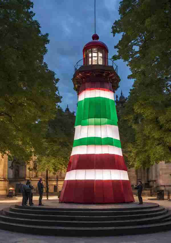 Immagine che ritrae un faro decorato con i colori della bandiera italiana (verde, bianco e rosso) posizionato al centro di una piazza circondata da alberi. L'illuminazione serale accentua i dettagli del faro, che si erge come un simbolo di cultura e identità italiana. Alcuni osservatori, visibili ai piedi del faro, contribuiscono a dare un senso di scala e interazione con l'installazione artistica.